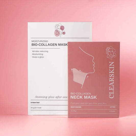 Clearskins kollagenmask och kollagenhalsmask mot rosa bakgrund