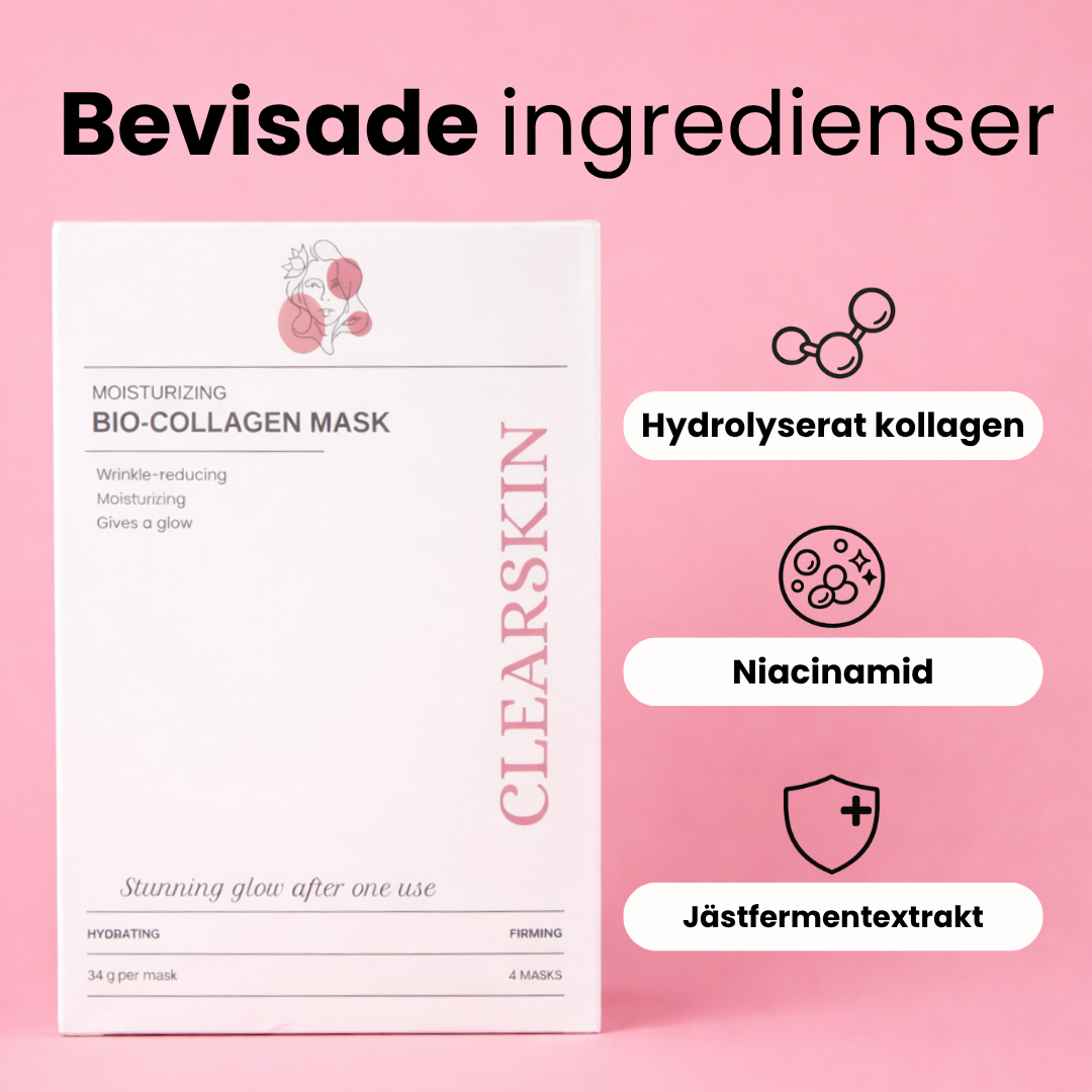 Eske med CLEARSKIN Bio Collagen Mask og ingredienser listet ved siden av.