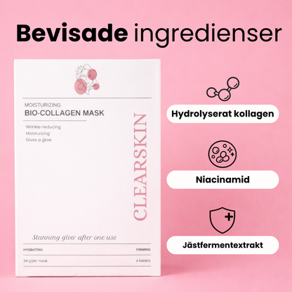 Eske med CLEARSKIN Bio Collagen Mask og ingredienser listet ved siden av.